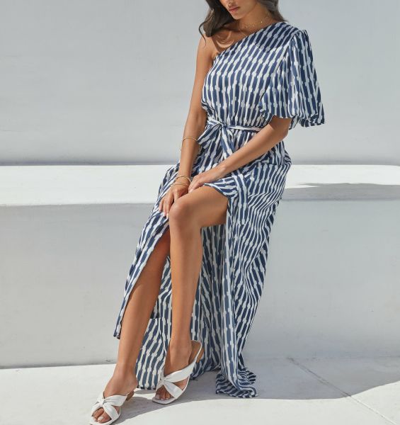 BLUE-ECRU-STRIPED  DRESS