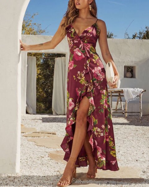 BURGUNDY-FLORAL DRESS L - BURGUNDY-FLORAL