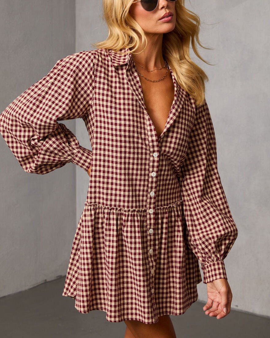 BURGUNDY-ECRU-PLAID DRESS M - BURGUNDY-ECRU-PLAID