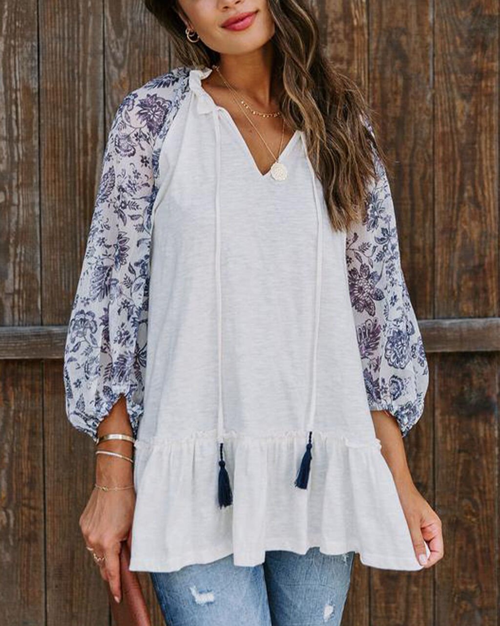 ECRU-NAVY-FLORAL BLOUSE