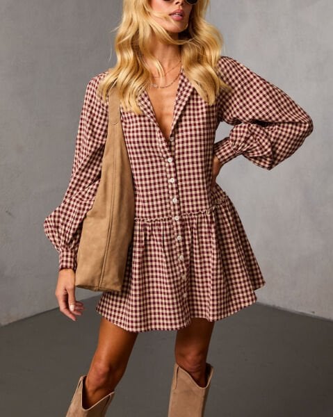 BURGUNDY-ECRU-PLAID DRESS L - BURGUNDY-ECRU-PLAID