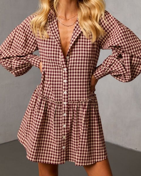 BURGUNDY-ECRU-PLAID DRESS L - BURGUNDY-ECRU-PLAID
