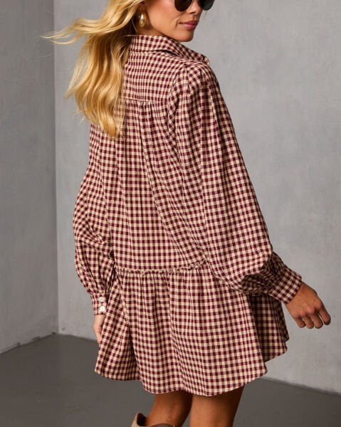 BURGUNDY-ECRU-PLAID DRESS L - BURGUNDY-ECRU-PLAID