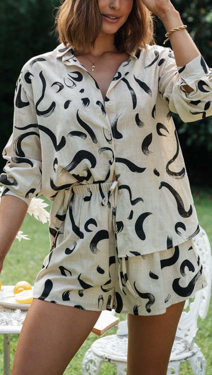 ECRU-BLACK-PRINTED  SHIRT-SHORT-SET