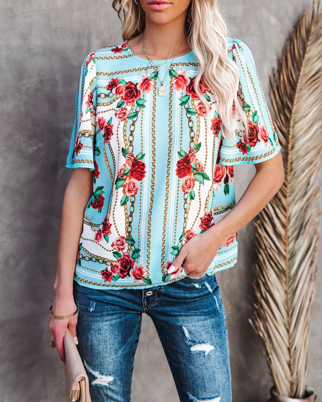 BLUE-FLORAL BLOUSE