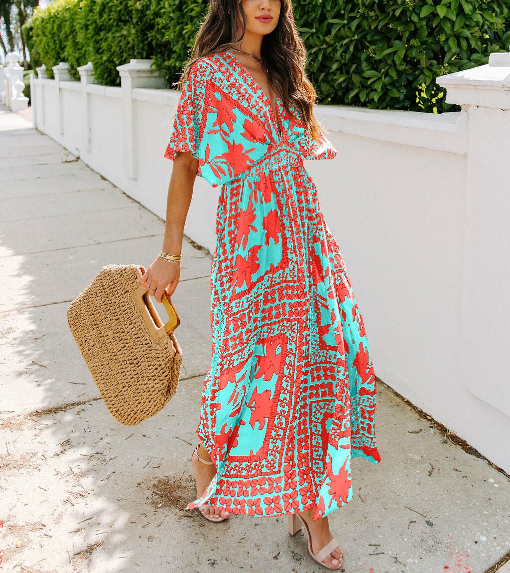 TURQUOISE-CORAL-FLORAL DRESS