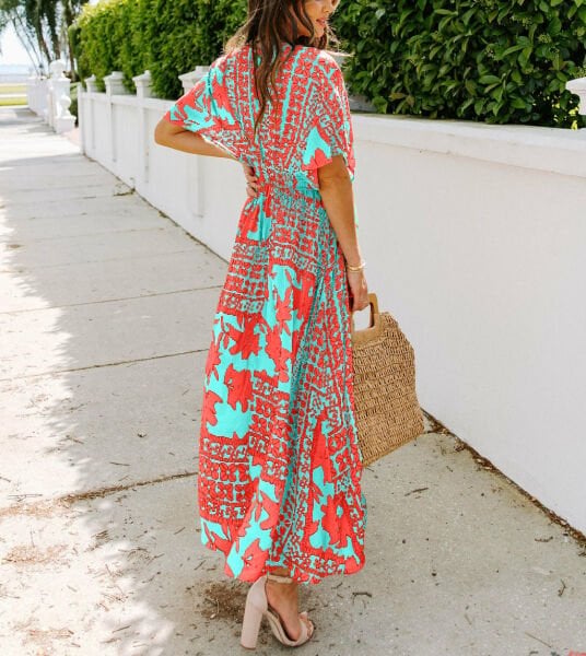 TURQUOISE-CORAL-FLORAL DRESS