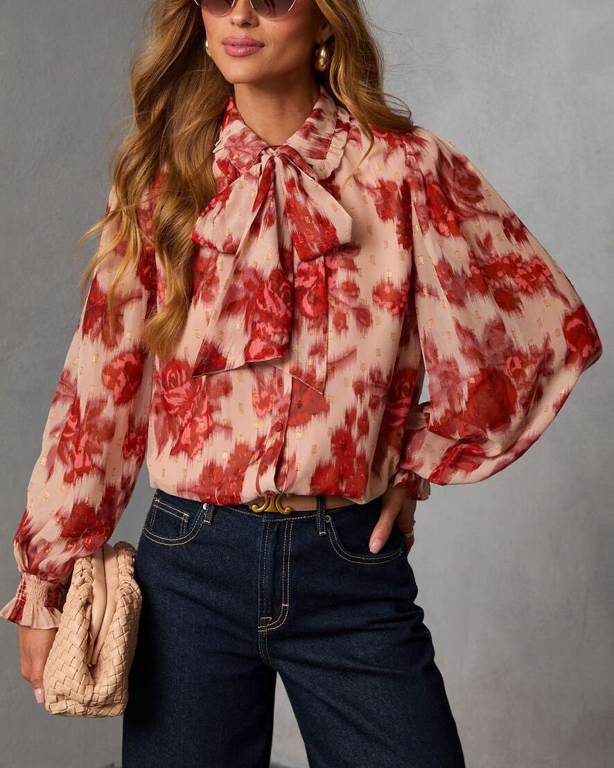 BEIGE-RED-FLORAL BLOUSE M - BEIGE-RED-FLORAL