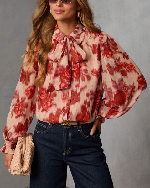 BEIGE-RED-FLORAL BLOUSE M - BEIGE-RED-FLORAL