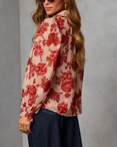 BEIGE-RED-FLORAL BLOUSE M - BEIGE-RED-FLORAL