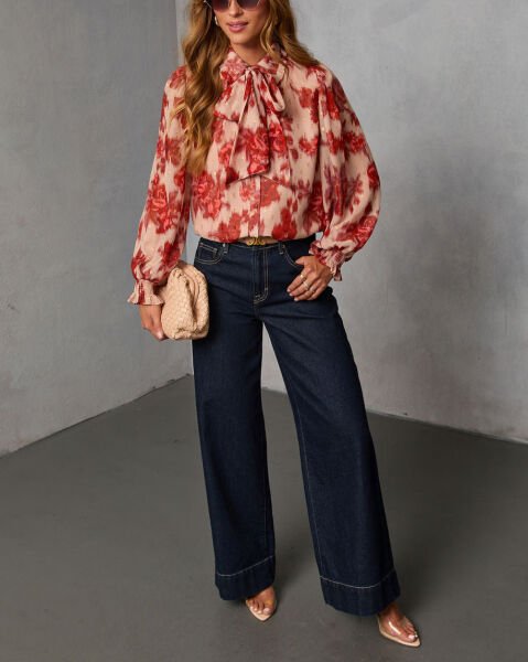BEIGE-RED-FLORAL BLOUSE M - BEIGE-RED-FLORAL