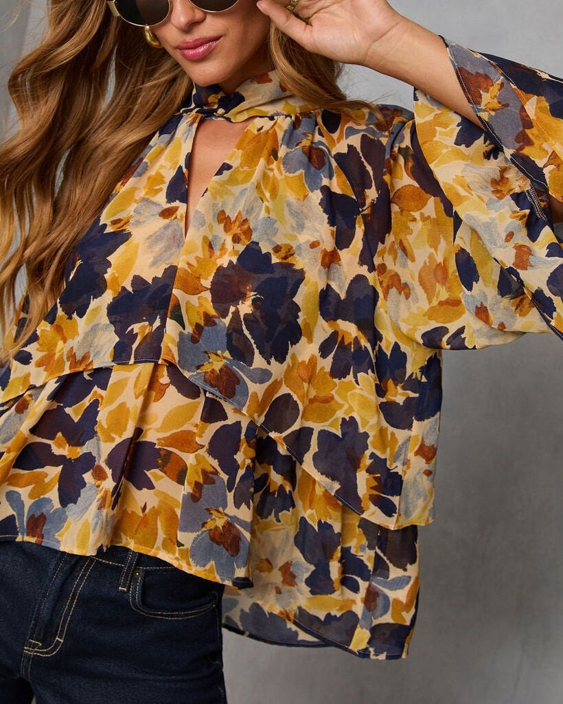 YELLOW-NAVY-FLORAL BLOUSE M - YELLOW-NAVY-FLORAL