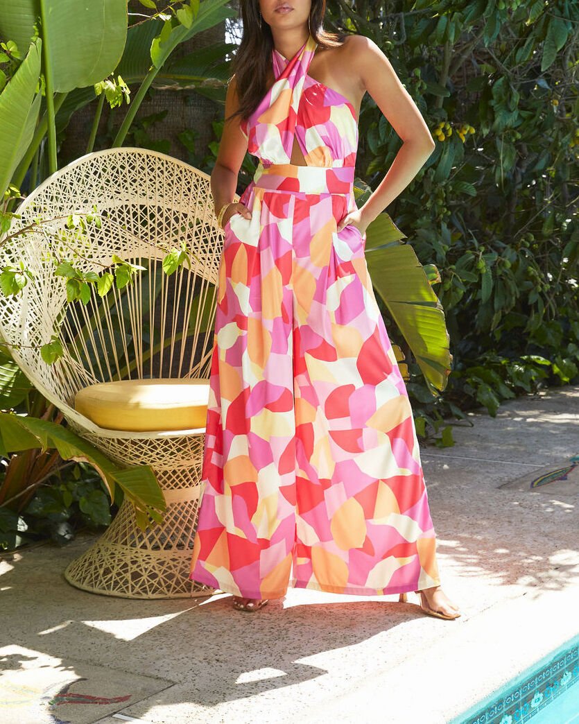 ECRU-CORAL-FLORAL JUMPSUIT L - ECRU-CORAL-FLORAL