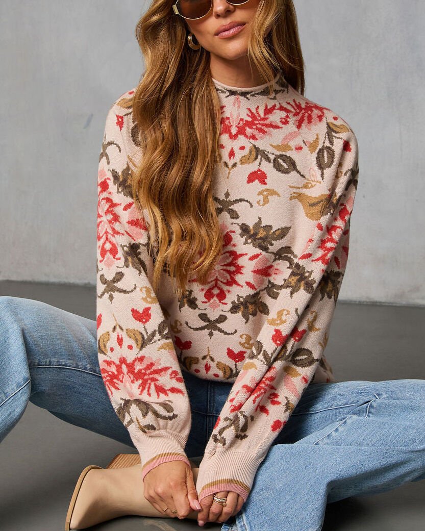 CREAM-RED-FLORAL SWEATER