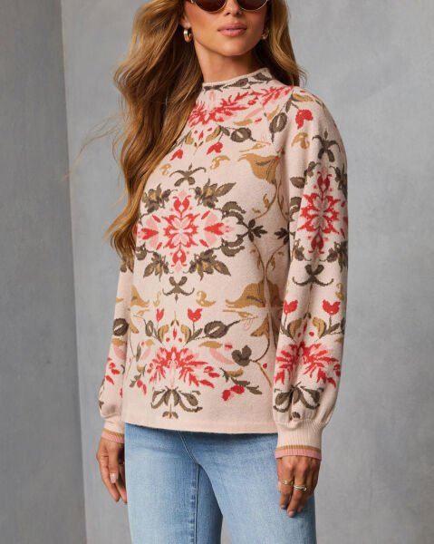 CREAM-RED-FLORAL SWEATER