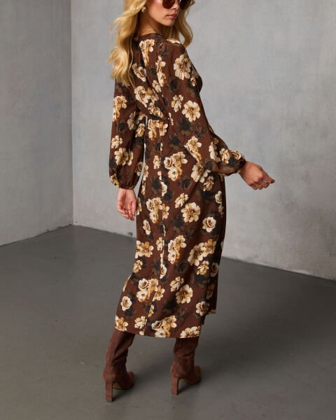 BROWN-FLORAL DRESS L - BROWN-FLORAL