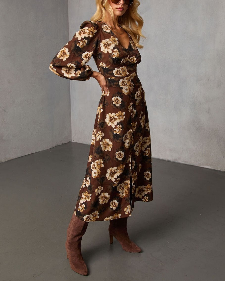 BROWN-FLORAL DRESS L - BROWN-FLORAL