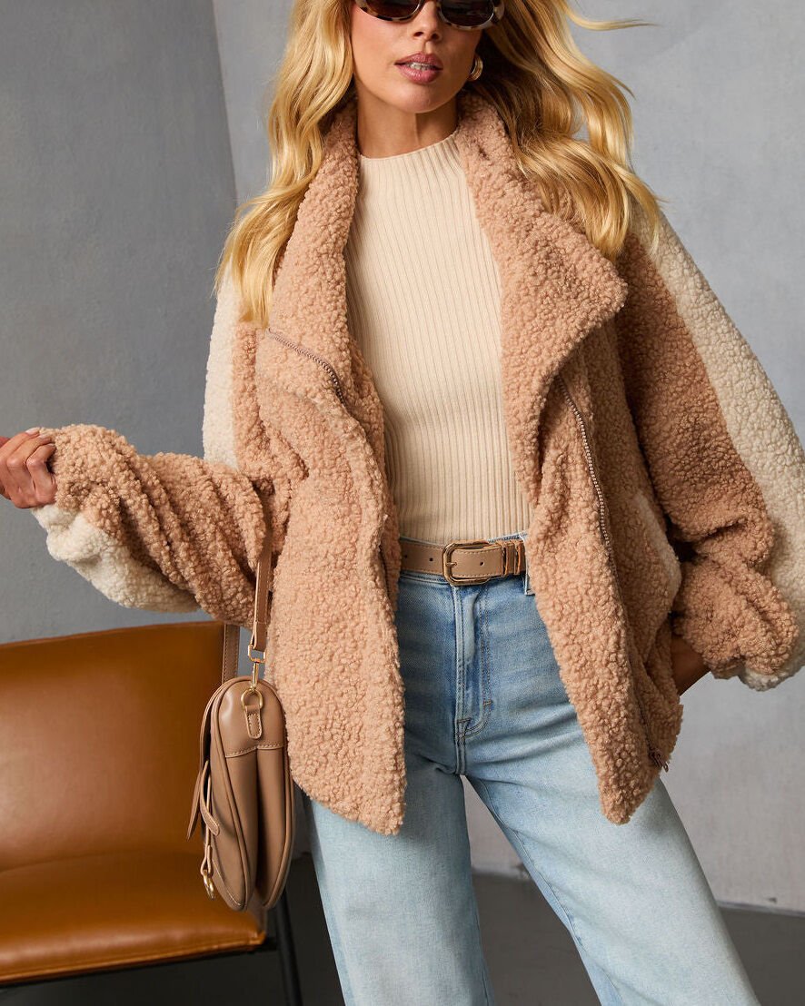 BEIGE-CAMEL FLEECE JACKET S - BEIGE-CAMEL