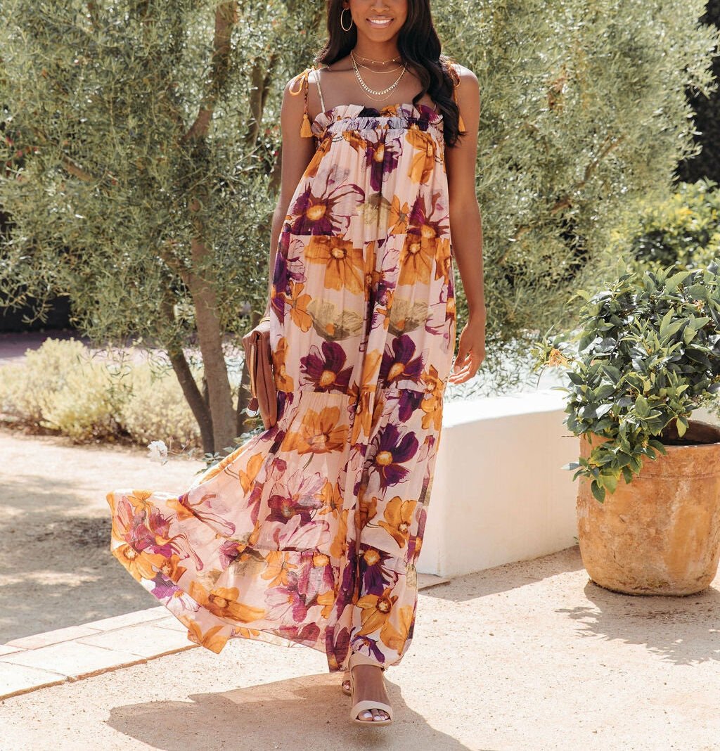 MUSTARD-PURPLE-FLORAL DRESS M - MUSTARD-PURPLE-FLORAL