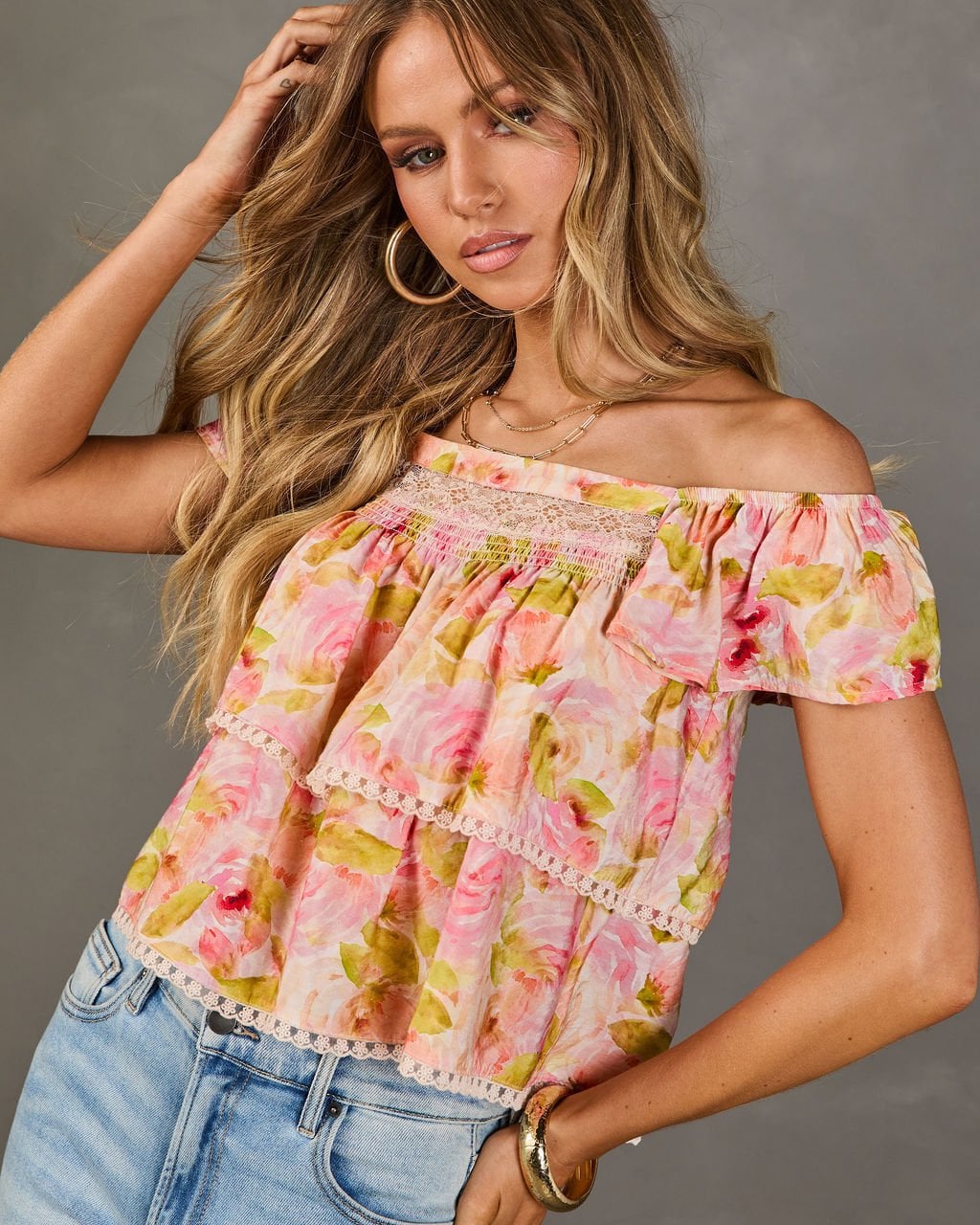 ECRU-PINK-FLORAL BLOUSE L - ECRU-PINK-FLORAL