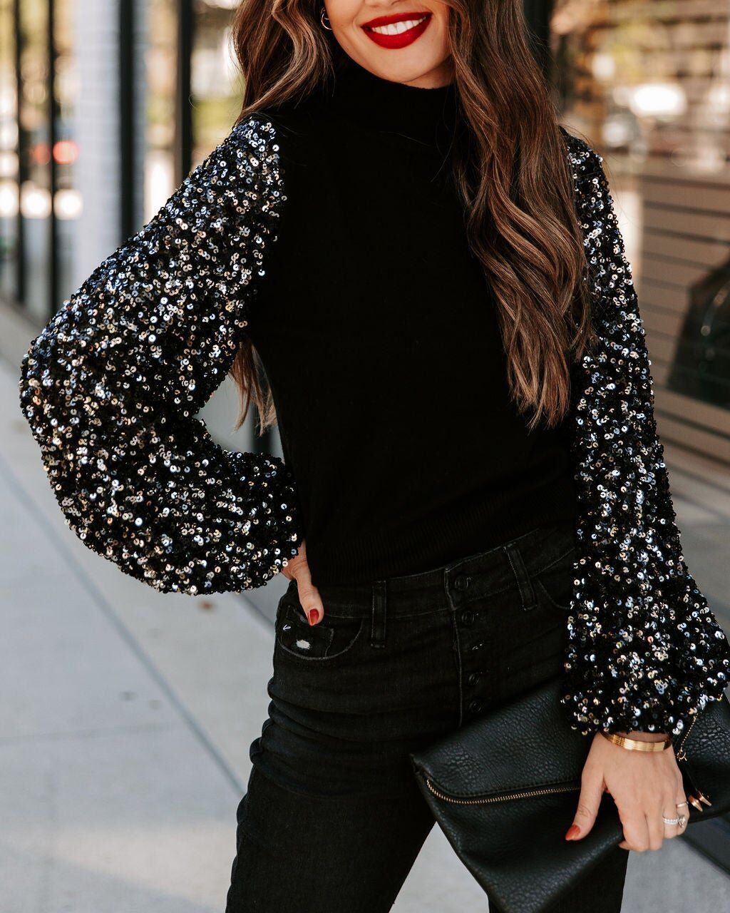 BLACK-SEQUINED BLOUSE