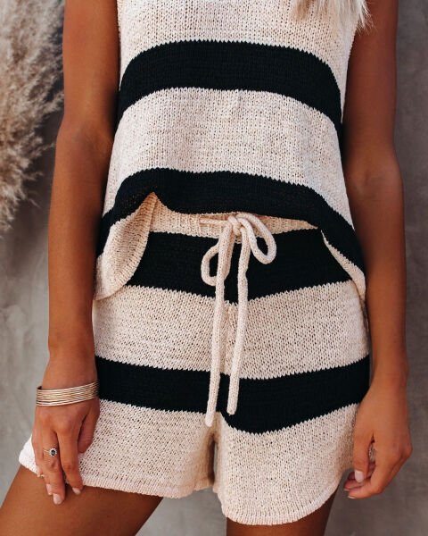 CREAM-BLACK-STRIPED TANK-TOP-SHORT-SET XL - CREAM-BLACK-STRIPED