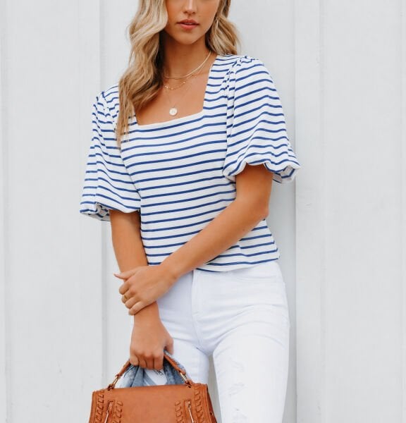 ECRU-NAVY-STRIPED BLOUSE S - ECRU-NAVY-STRIPED