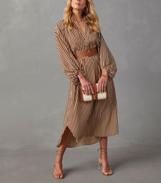 BROWN-ECRU-STRIPED DRESS