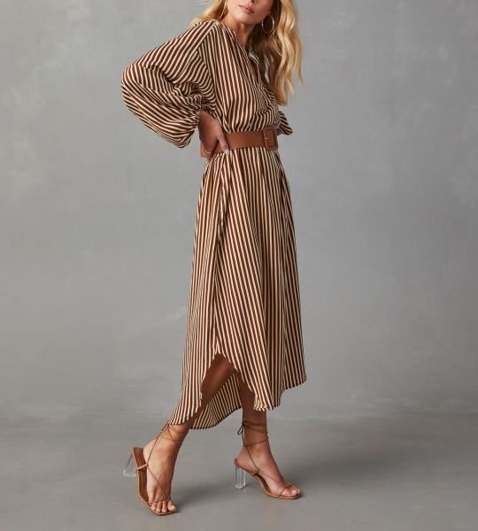 BROWN-ECRU-STRIPED DRESS
