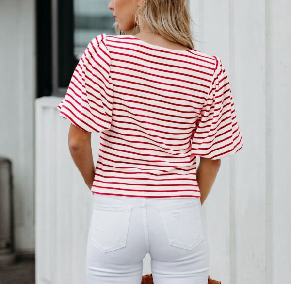 ECRU-RED-STRIPED BLOUSE L - ECRU-RED-STRIPED