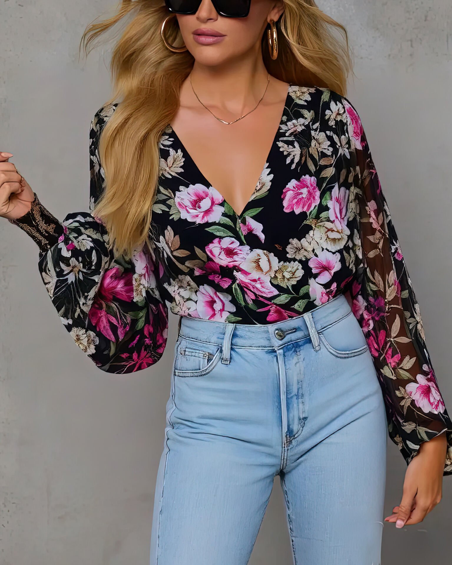 BLACK-FLORAL BLOUSE L - BLACK-FLORAL