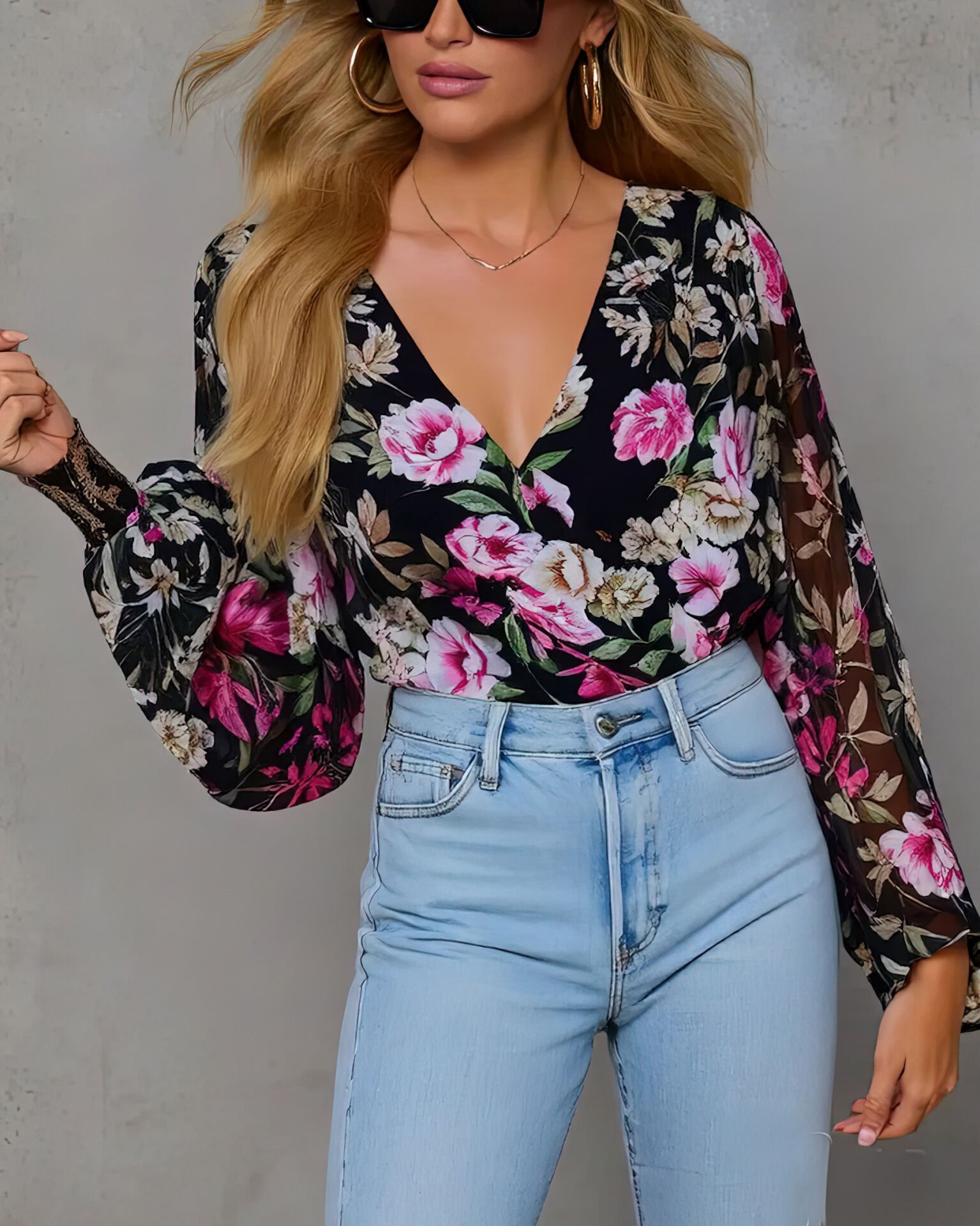 BLACK-FLORAL BLOUSE XL - BLACK-FLORAL