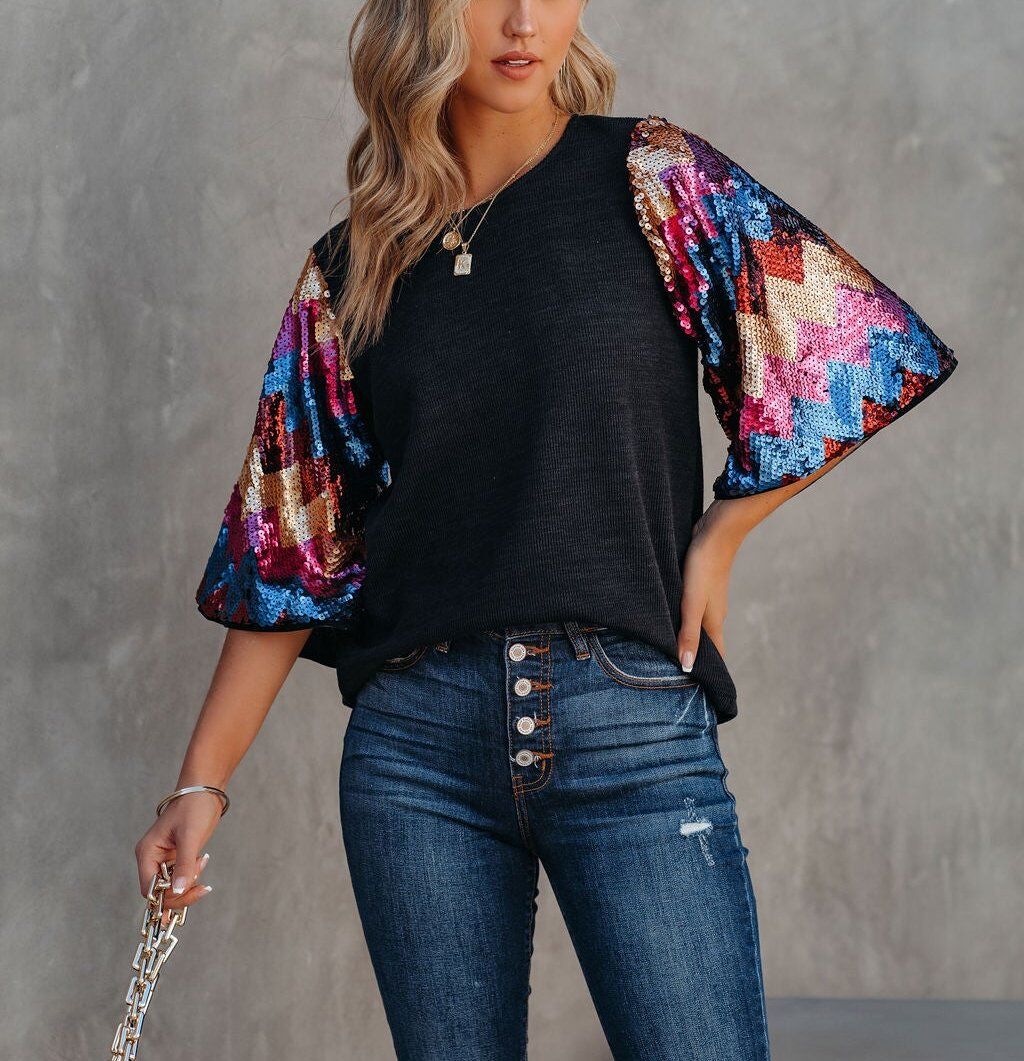 BLACK-MULTICOLOR-SEQUINED BLOUSE