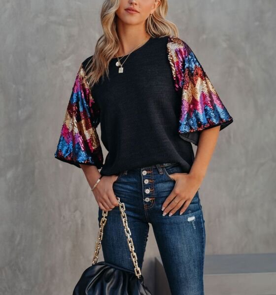 BLACK-MULTICOLOR-SEQUINED BLOUSE