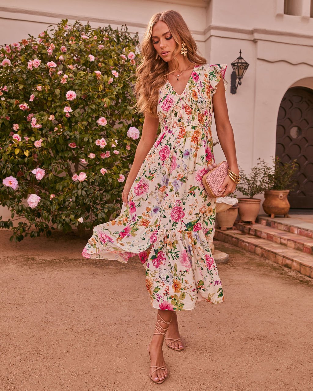 ECRU-PINK-FLORAL DRESS XL - ECRU-PINK-FLORAL
