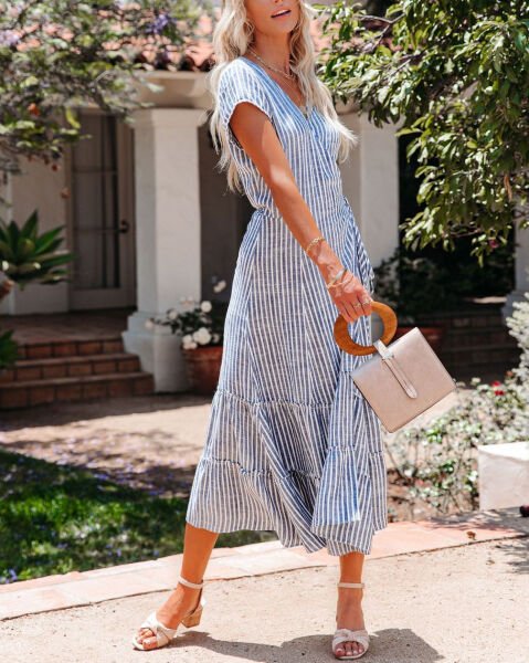 BLUE-ECRU-STRIPED DRESS M - BLUE-ECRU-STRIPED